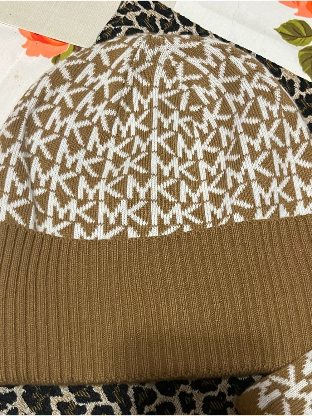 Michael Kors Women's Knit Hat and Gloves Set MK Logo Pattern  X